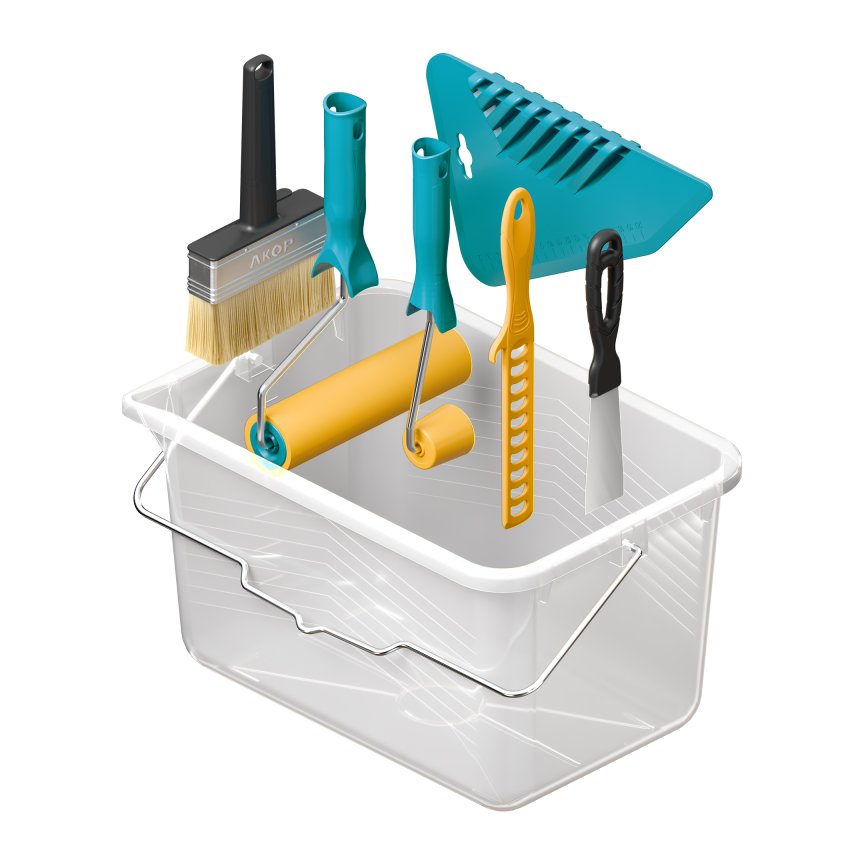 Набор обойный: валики прижимной и для углов, кисть-ракля, ведро, шпатель для обрезки, шпатель прижимной, мешалка